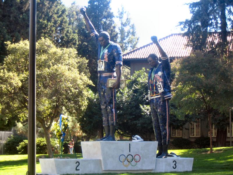 A monument at San Jose State University to John Carlos and Tommie Smith's "Black Power" salute at the 1968 Olympic Games.